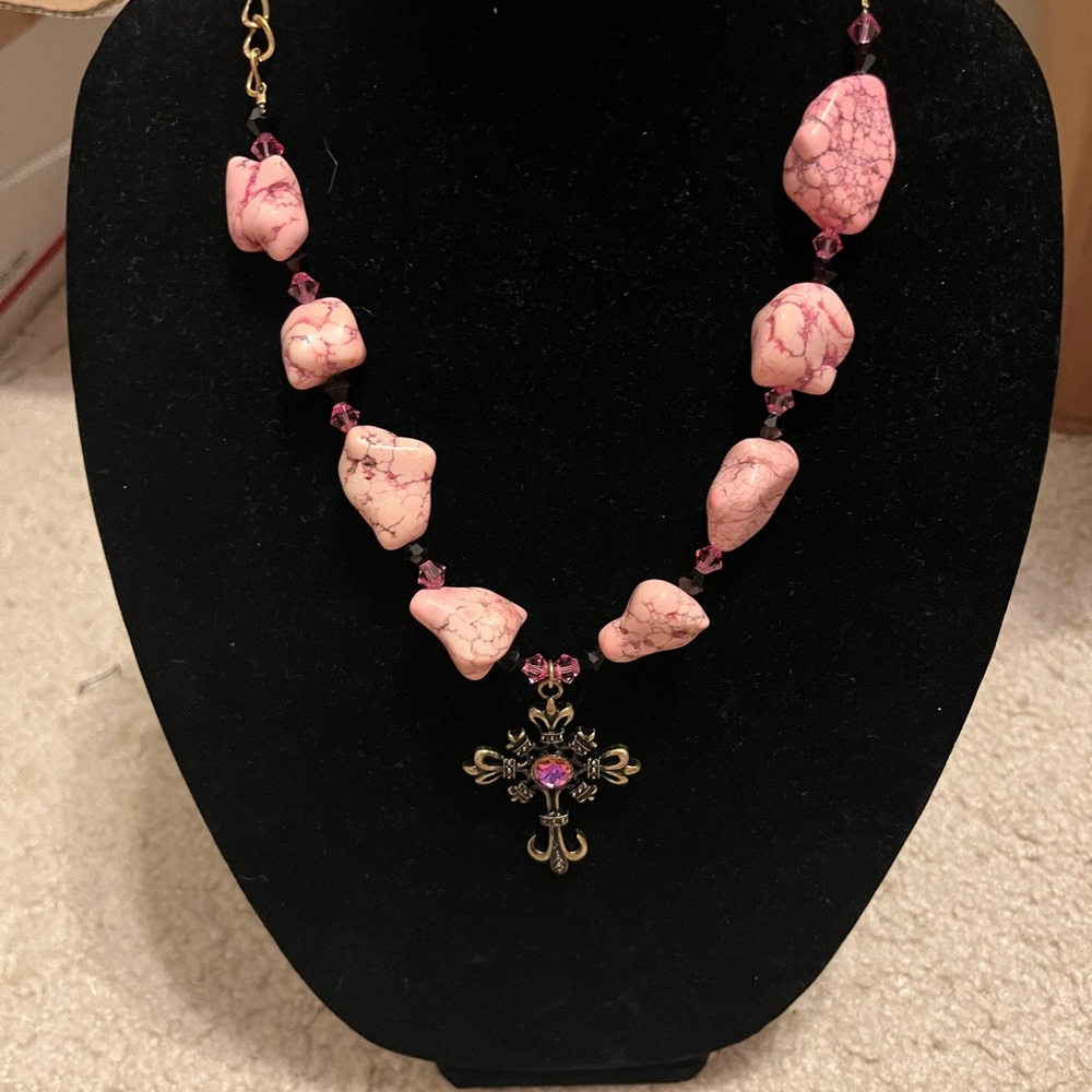 Pink Stone Necklace with Cross Pendant